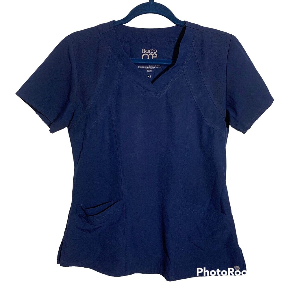 Barco One Women’s Size XS V Neck Blue Stretch Scrub Top 3 Pocket Medical Uniform